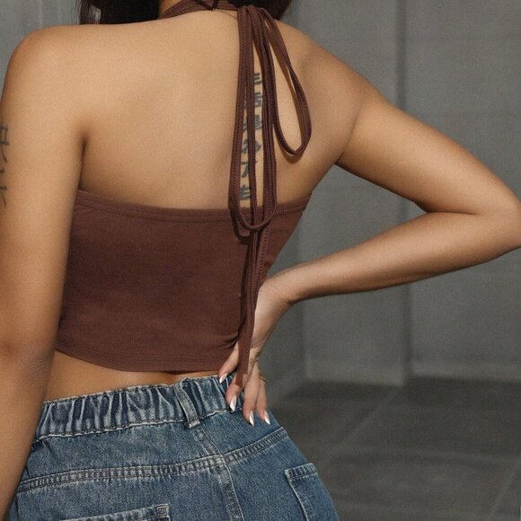 Coffee Brown Sexy Women's Backless Halter Neck Top - Picture 2 of 4